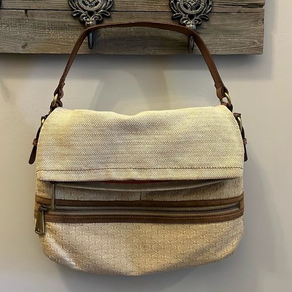 Fossil Explorer Bag Foldover Flap Canvas & Leather Zip Top Magnetic Closure - Picture 1 of 12